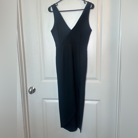 Abercrombie & Fitch Plunge V-Neck Midi Dress Sleeveless Side Slit Crepe Black, S - Picture 5 of 12